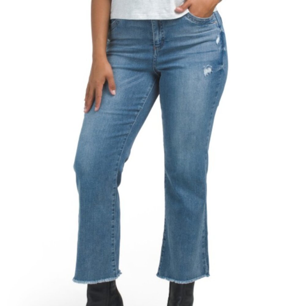 Democracy Ab Tech Jeans Womens 8 Blue High Rise Crop Itty Bitty‎ Flare Fray Hem